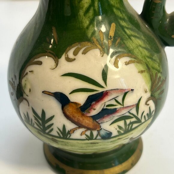 Vintage Green Ceramic Pitcher Vase Decor Bird Design Gold Trim Japan 8 Inch - Picture 4 of 4